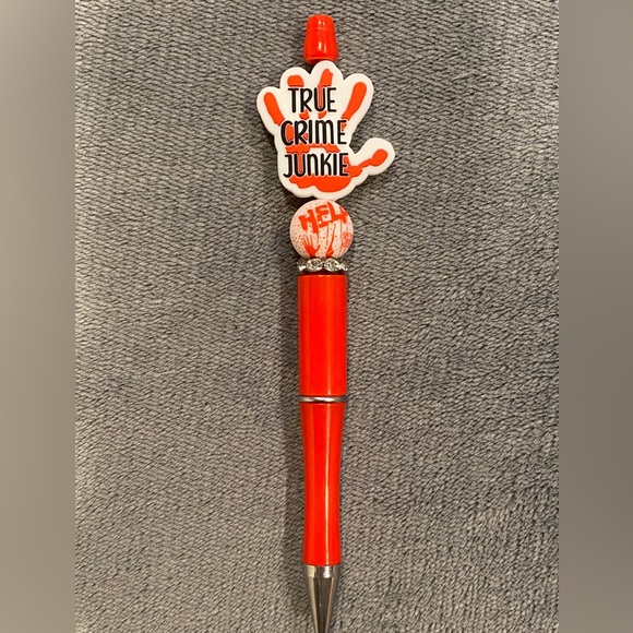 True crime junkie Focal Red Beaded Pen Halloween Horror Black Ink w/refills - Picture 1 of 2